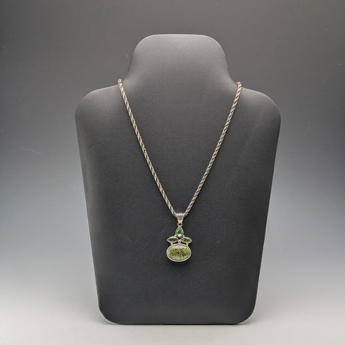 Vintage green serpentine and sterling silver pendant with sterling silver necklace